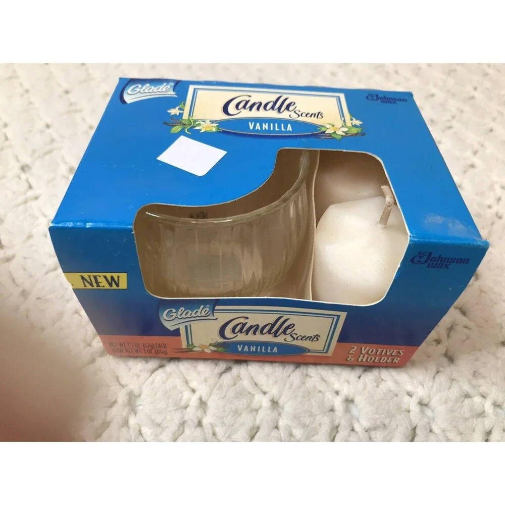Glade Candle Scents Original Vanilla Scent Kit 2 Votives 1 Glass Holder Jar NOS